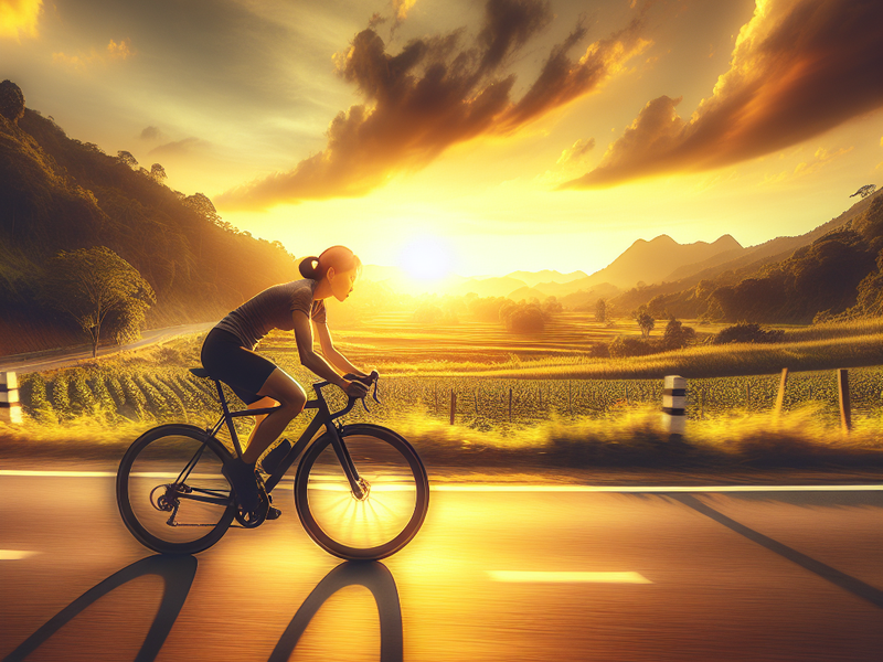 Ciclista pedalando em estrada de campo durante o pôr do sol